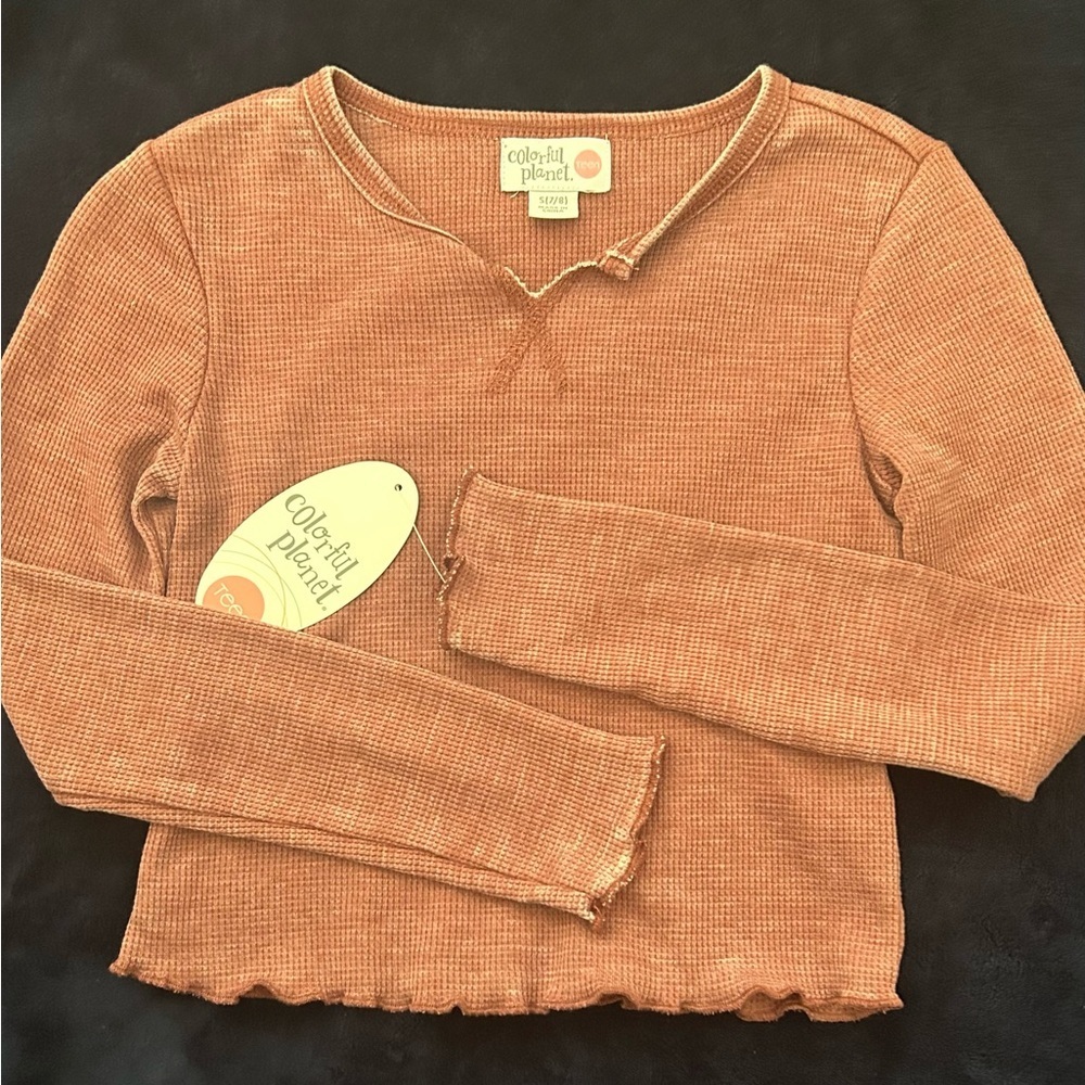 Colorful planet kids waffle top, long sleeve, V neck, sz 7/8
